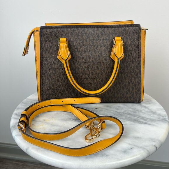 Michael Kors Yellow Leather And Brown Monogram Canvas Hope Satchel - Picture 2 of 12